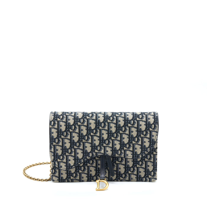 DIOR SADDLE POUCH WITH CHAIN BLUE DIOR OBLIQUE JACQUARD GHW