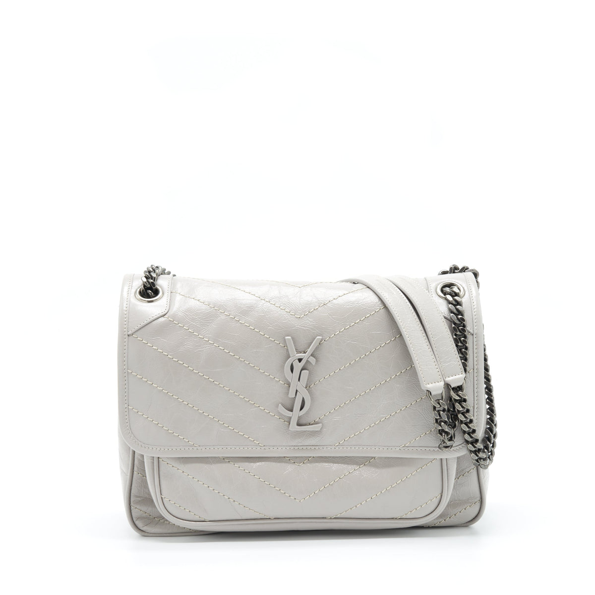 SAINT LAURENT MEDIUM NIKI BAG CALFSKIN LIGHT GREY WITH RUTHENIUM HARDWARE