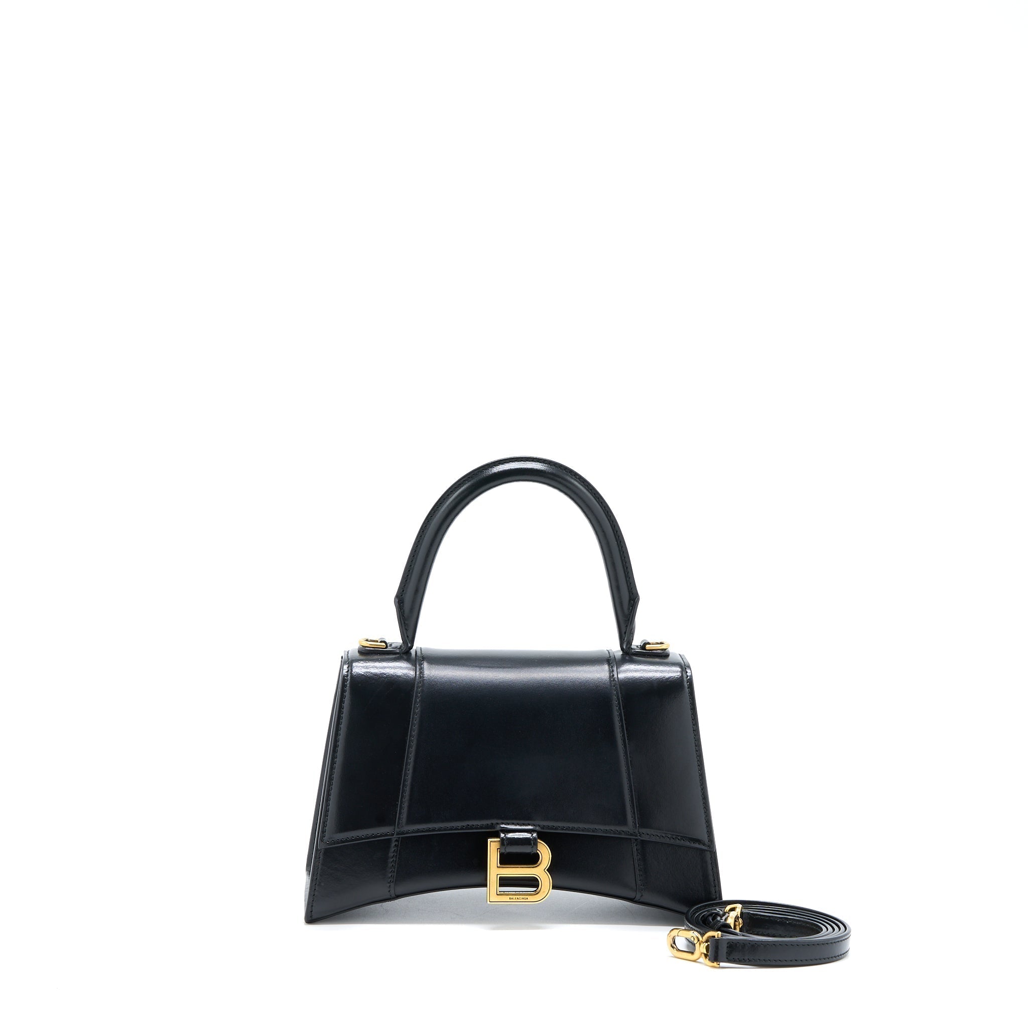 BALENCIAGA HOURGLASS SMALL HANDBAG BOX CALFSKIN BLACK GHW