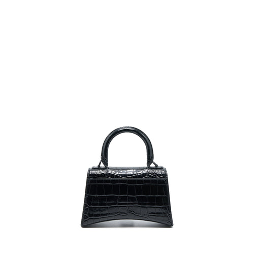 BALENCIAGA HOURGLASS XS CROC-EMBOSSED CALFSKIN SO BLACK