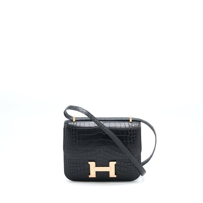 HERMES MINI CONSTANCE ALLIGATOR MISSISSIPPIENSIS MAT BLACK RGHW