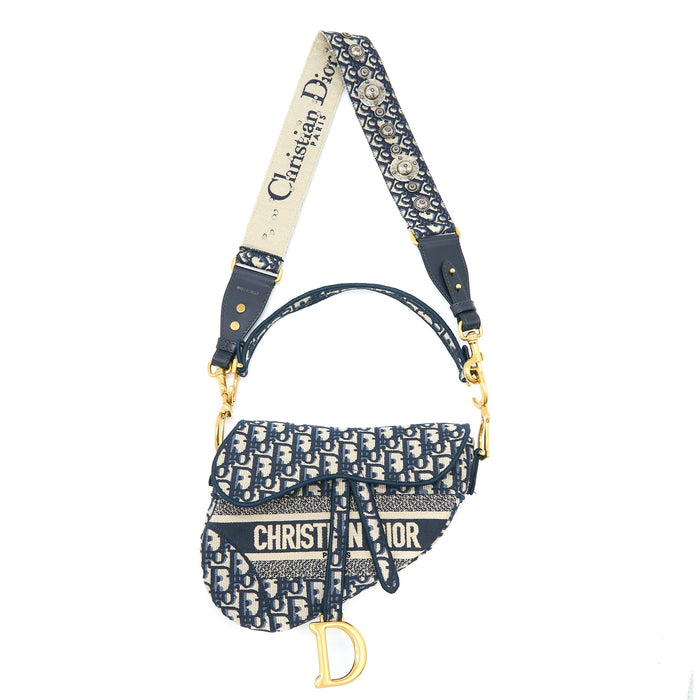 DIOR SADDLE BAG BLUE OBLIQUE EMBROIDERY BRUSHED GHW WITH DIOR STRAP
