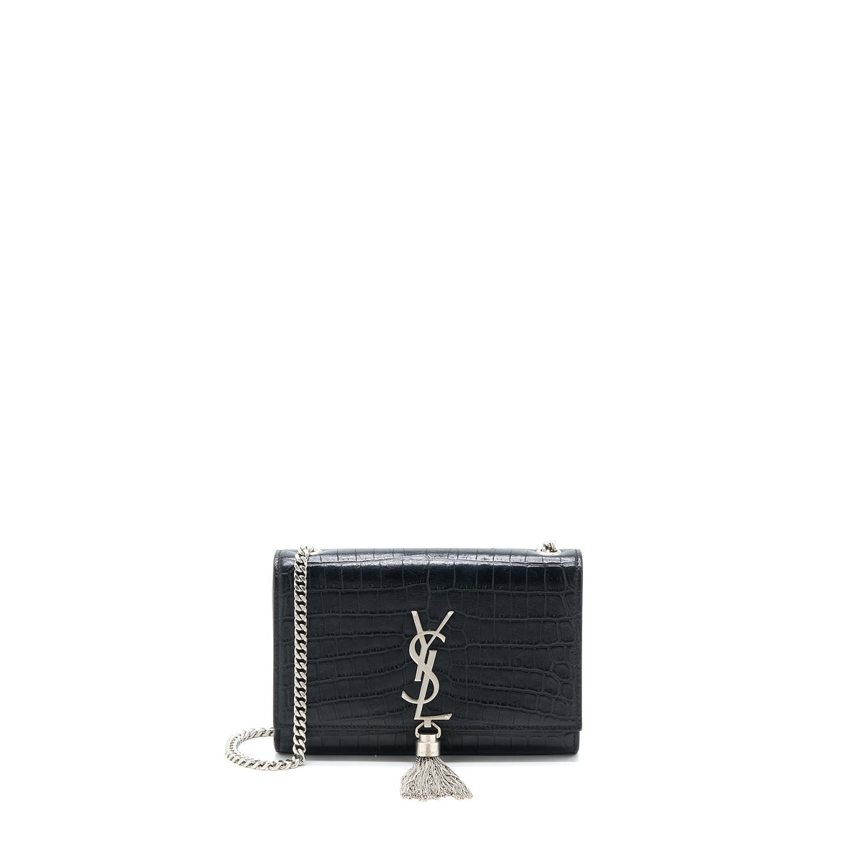 SAINT LAURENT KATE TASSEL CROC EMBOSSED CALFSKIN BLACK SHW