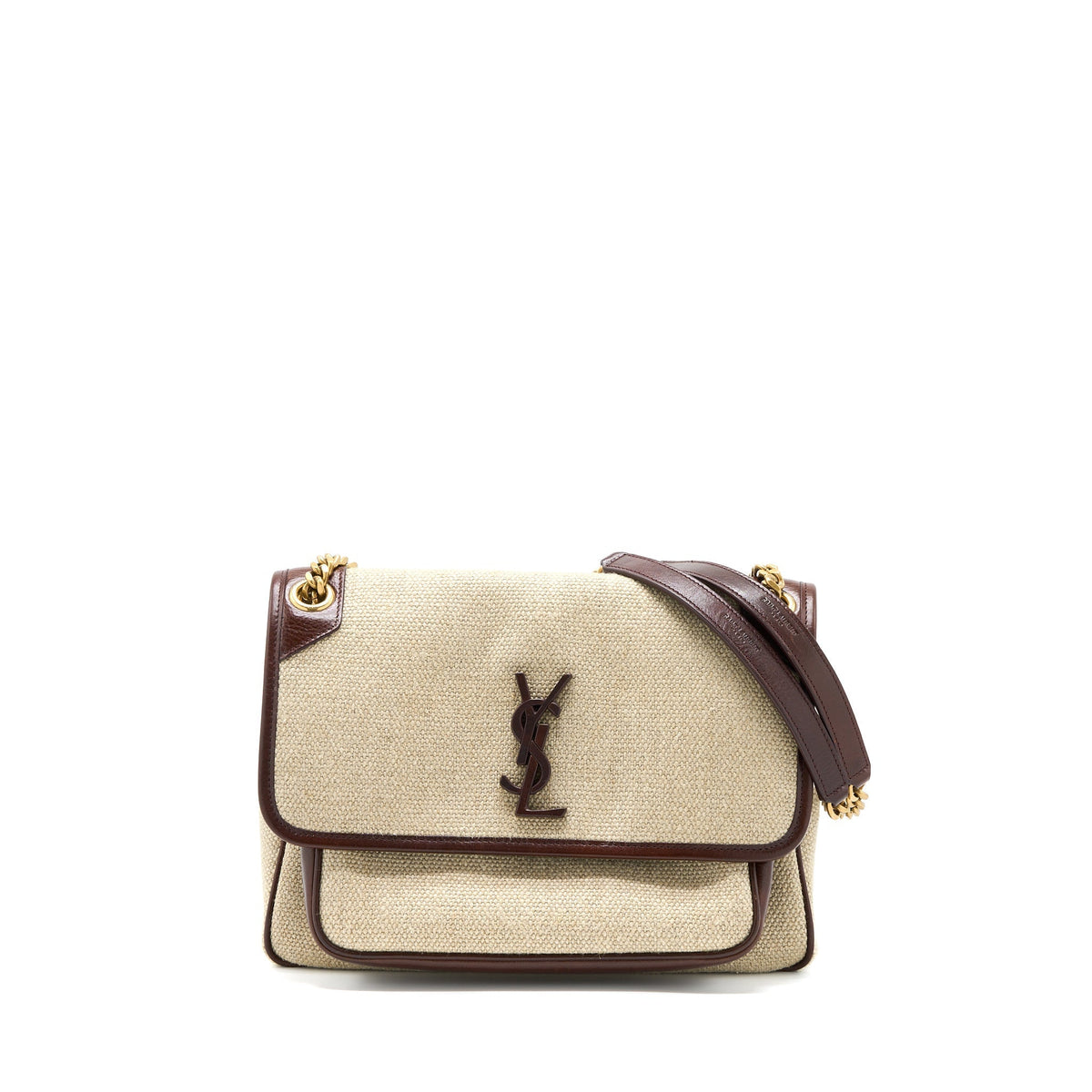 SAINT LAURENT MEDIUM NIKI BAG TRIMMED LINEN CANVAS BROWN