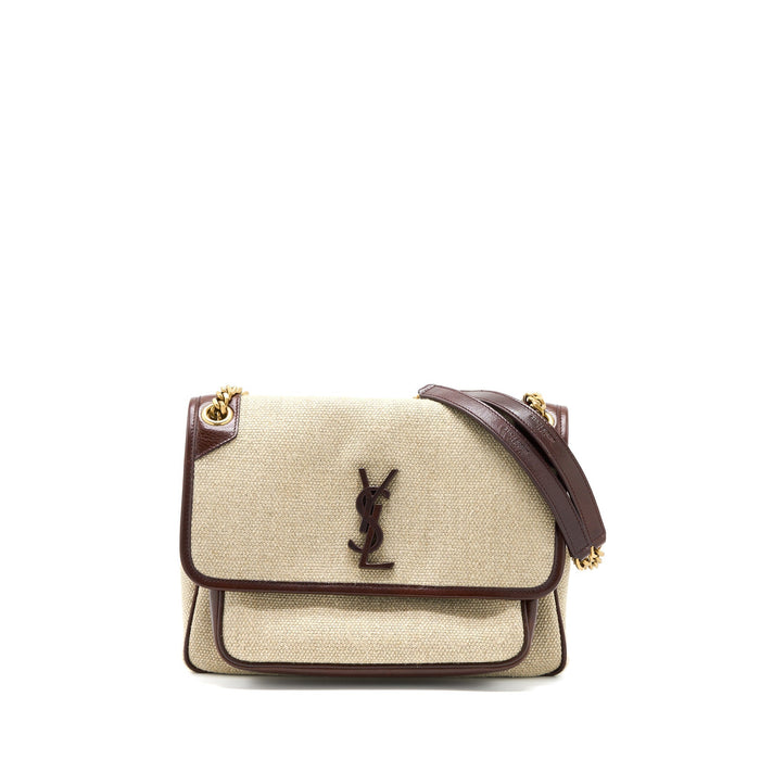 SAINT LAURENT MEDIUM NIKI BAG TRIMMED LINEN CANVAS BROWN