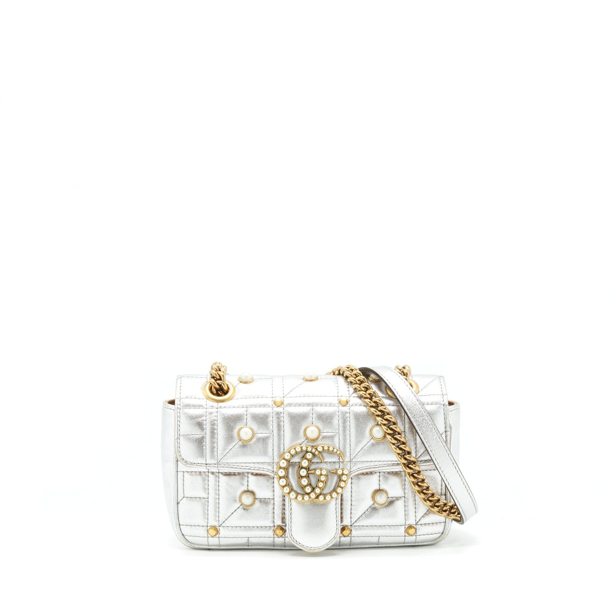 GUCCI MINI GG MARMONT FLAP BAG LIMITED EDITION SILVER WITH PEARL/GOLD HARDWARE