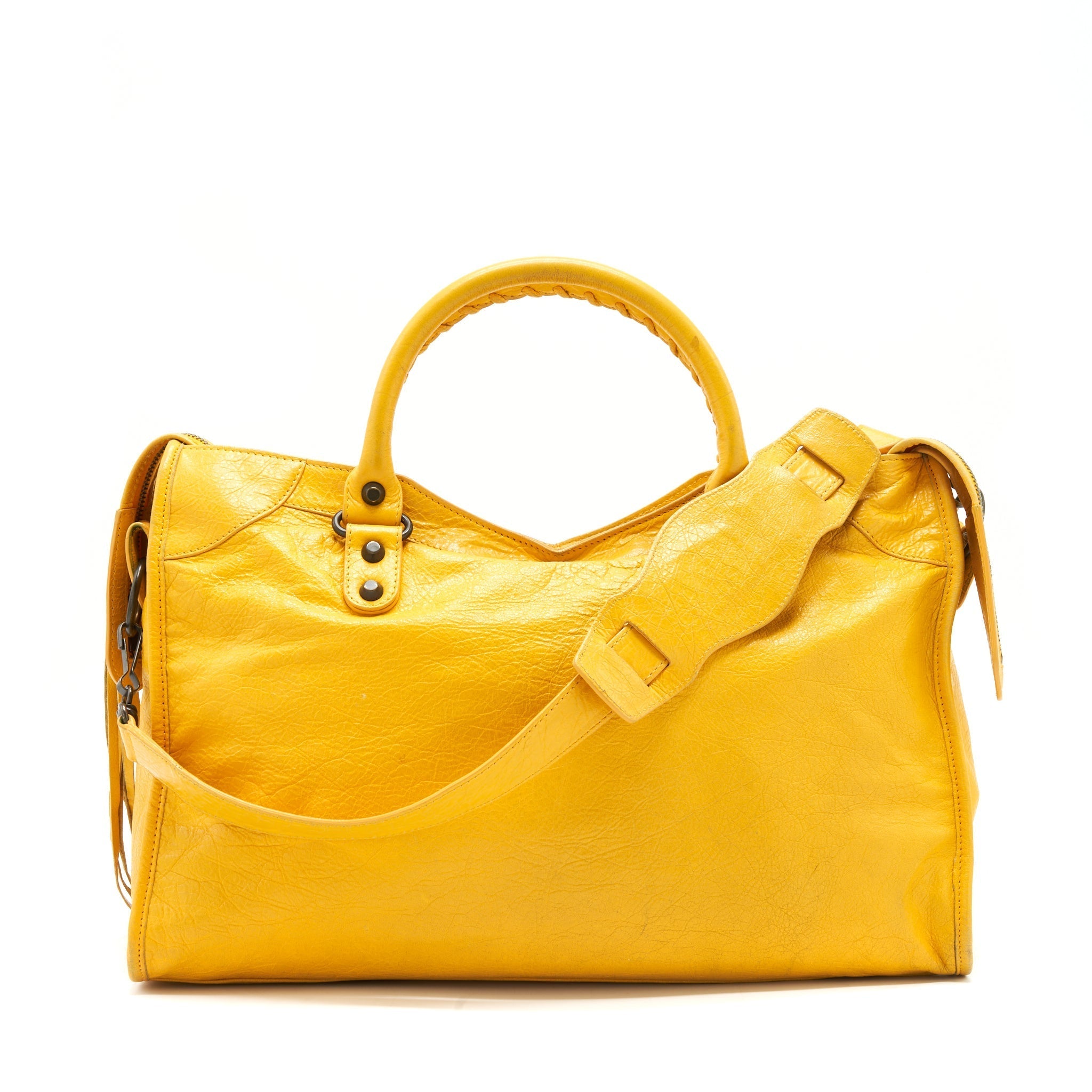 BALENCIAGA CLASSIC CITY BAG YELLOW RUTHENIUM HARDWARE