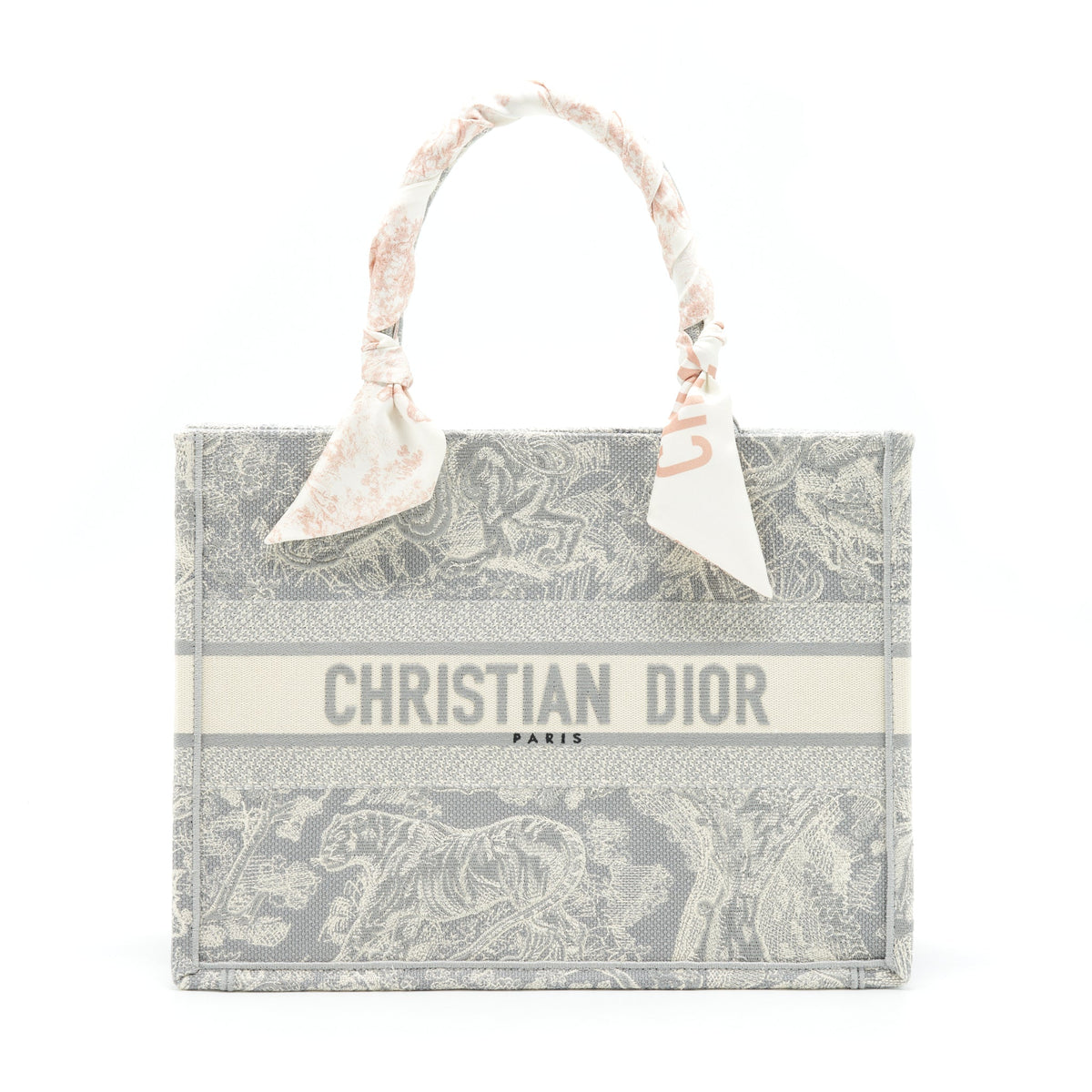 DIOR MEDIUM (OLD SMALL) BOOK TOTE GREY TOILE DE JOUY REVERSE EMBROIDERY WITH AN EXTRA TWILLY