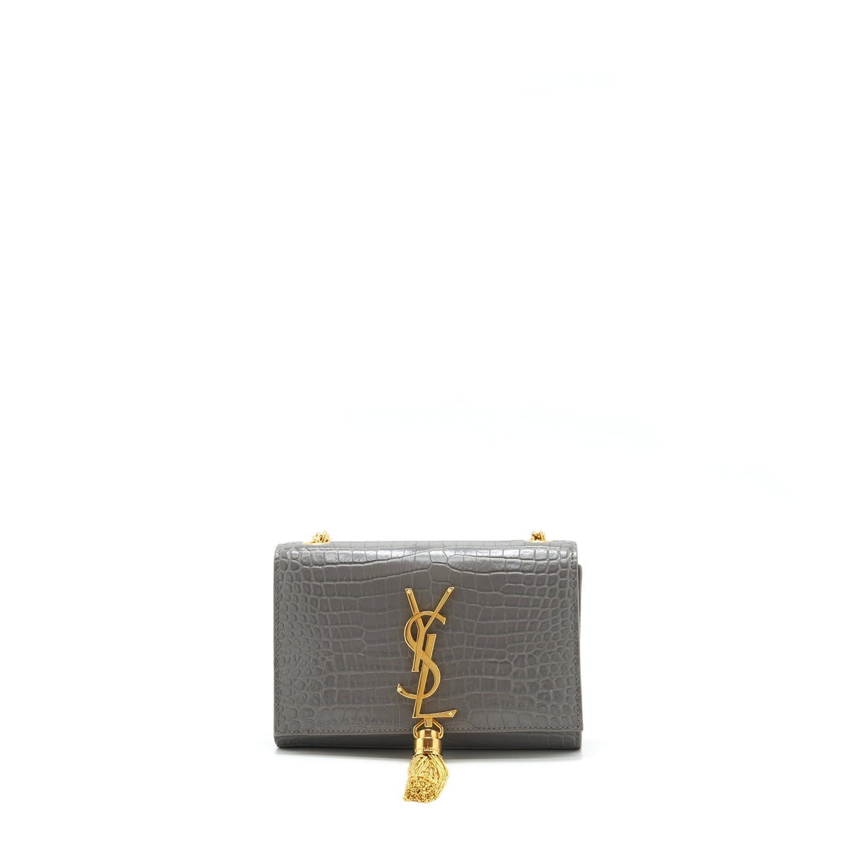 SAINT LAURENT/YSL KATE TASSEL CROC EMBOSSED CALFSKIN GREY GHW