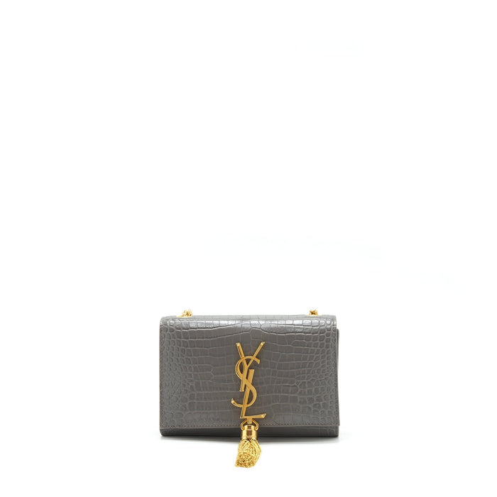 SAINT LAURENT/YSL KATE TASSEL CROC EMBOSSED CALFSKIN GREY GHW