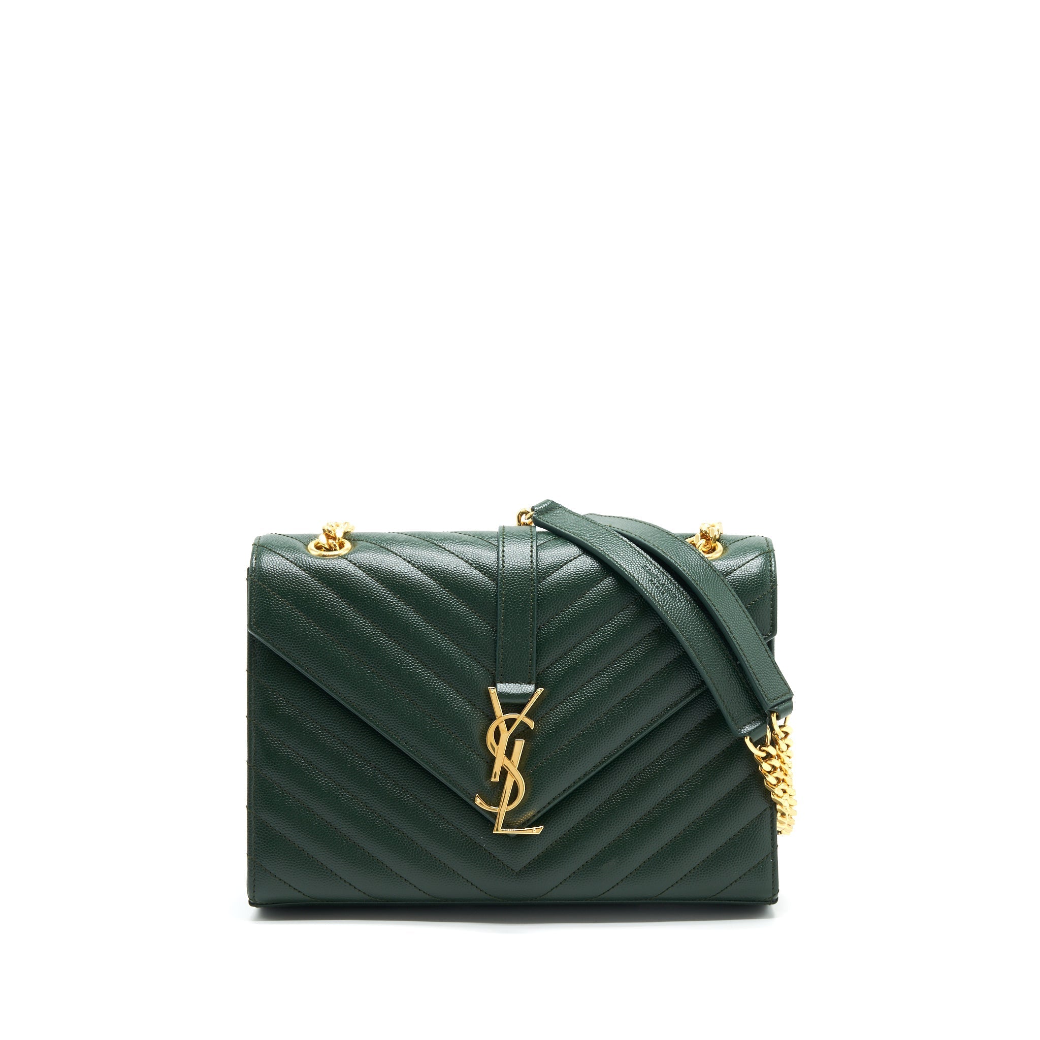 SAINT LAURENT CHEVRON MONOGRAM FLAP BAG DARK GREEN GHW