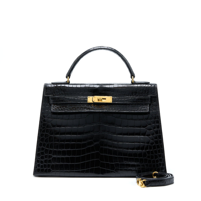 HERMES VINTAGE KELLY 32 SHINY CROCODILE POROSUS BLACK GHW