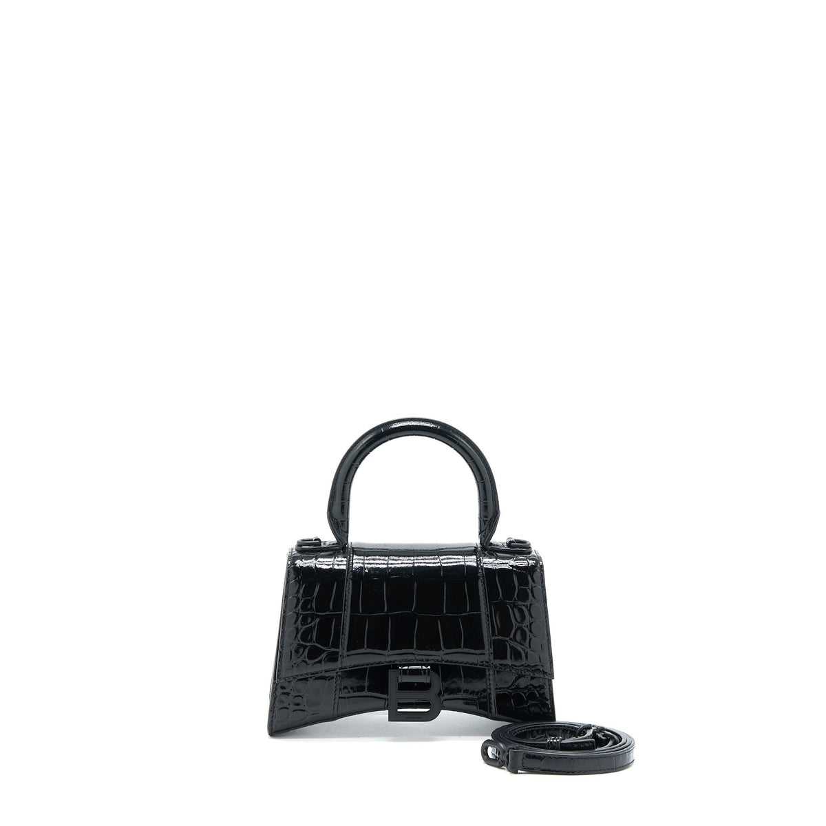 BALENCIAGA HOURGLASS XS CROC-EMBOSSED LEATHER BLACK WITH BLACK HARDWARE