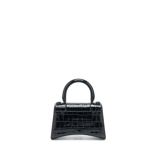 BALENCIAGA HOURGLASS XS CROC-EMBOSSED LEATHER BLACK WITH BLACK HARDWARE