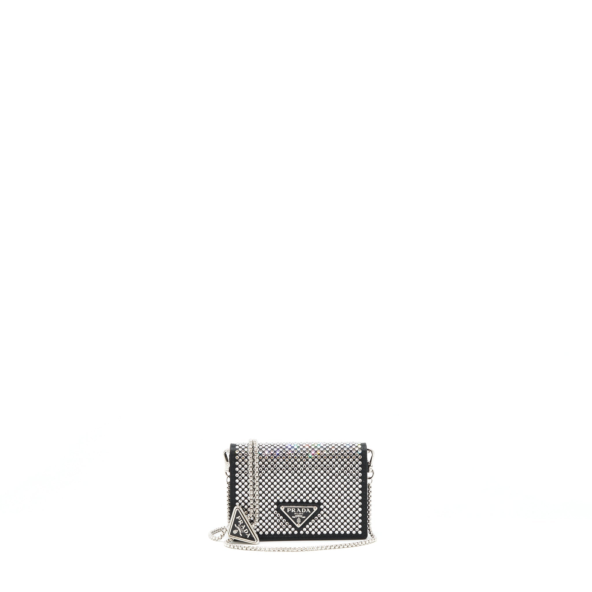 PRADA CRYSTAL CARD HOLDER WITH CHAIN BLACK