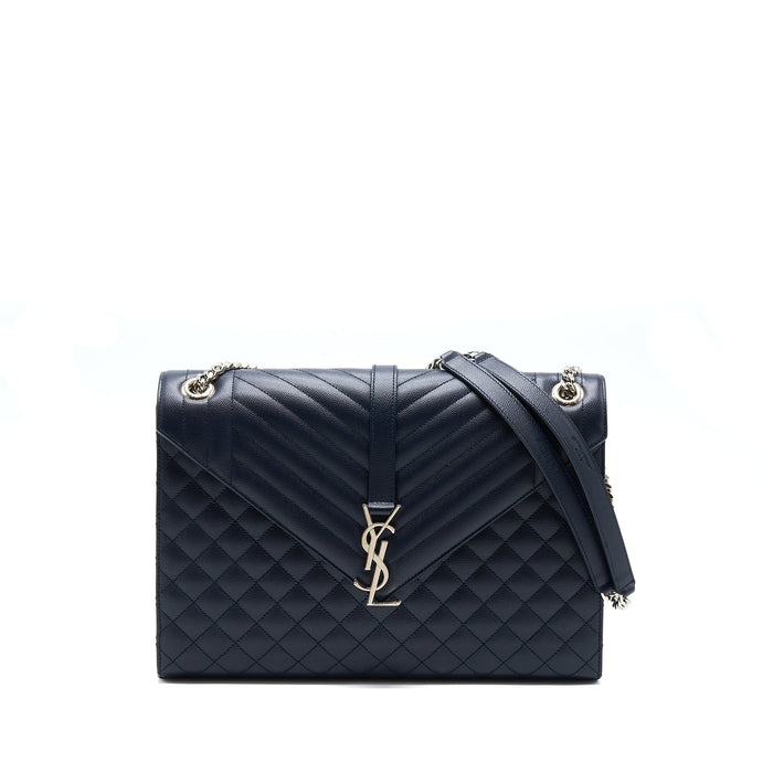 SAINT LAURENT ENVELOP SHOULDER BAG CALFSKIN NAVY SHW