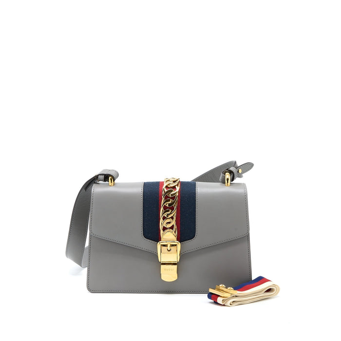 GUCCI SMALL SYLVIE SHOULDER BAG CALFSKIN GREY GHW