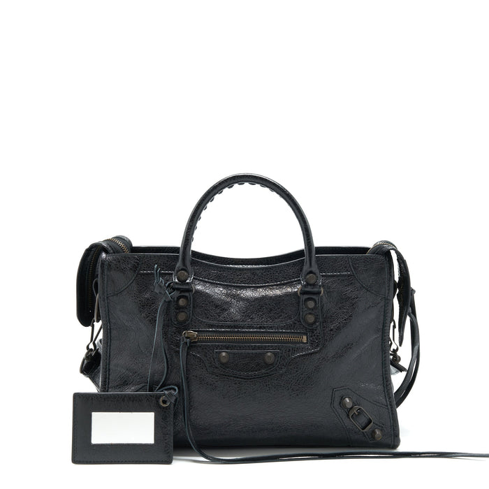 BALENCIAGA SMALL CLASSIC CITY CROSSBODY BAG BLACK WITH LOGO PRINT STRAP