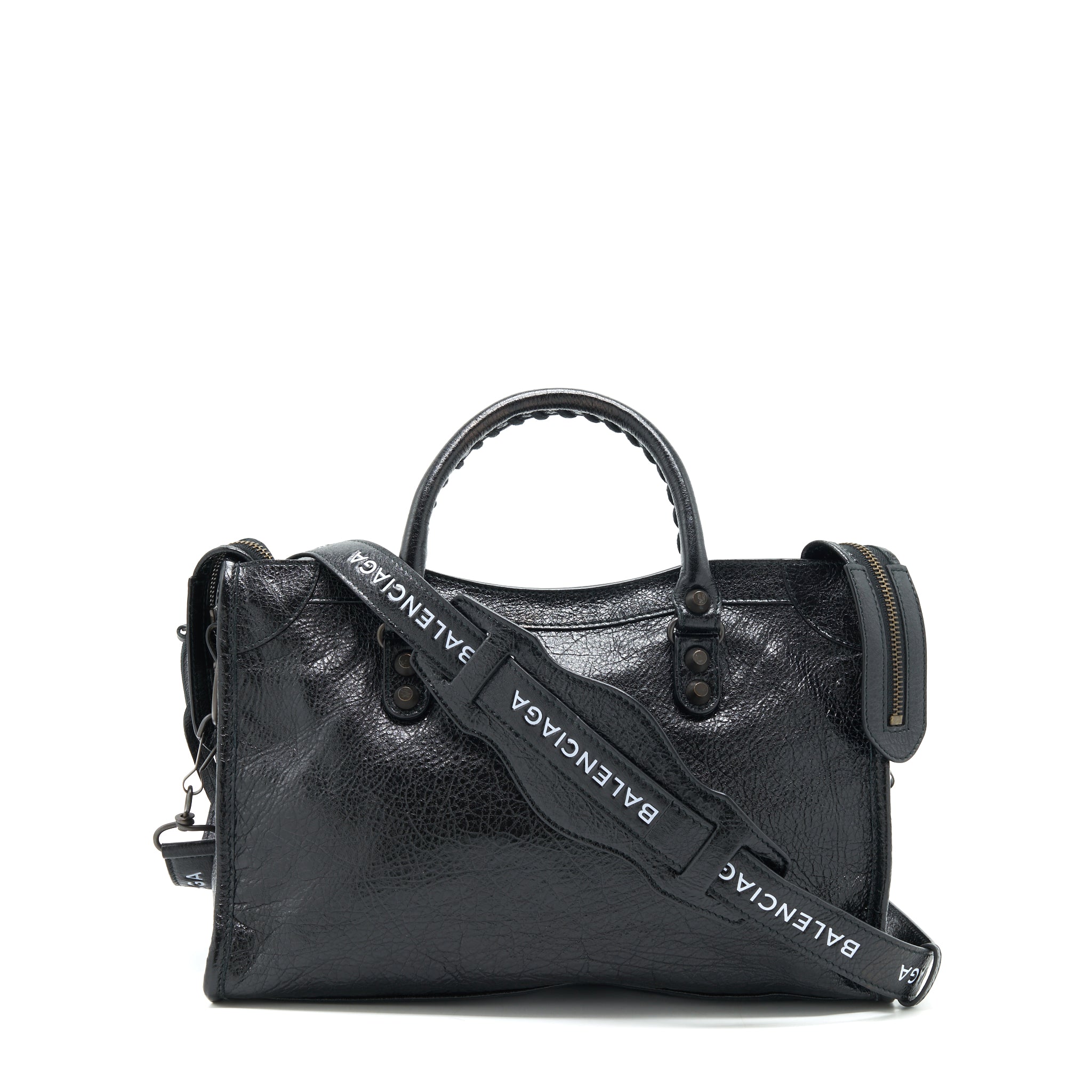 BALENCIAGA SMALL CLASSIC CITY CROSSBODY BAG BLACK WITH LOGO PRINT STRAP