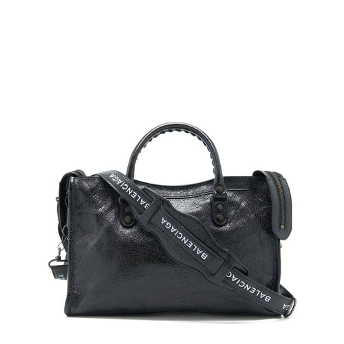 BALENCIAGA SMALL CLASSIC CITY CROSSBODY BAG BLACK WITH LOGO PRINT STRAP