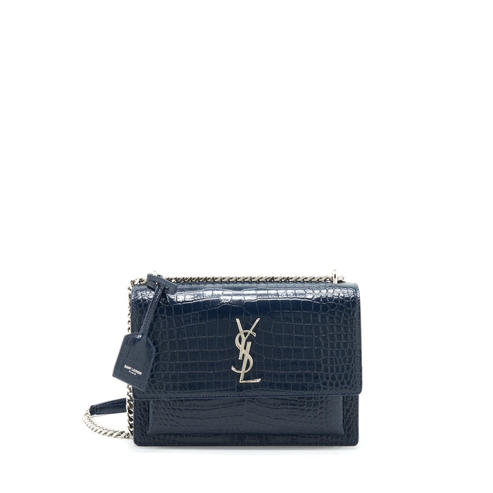 SAINT LAURENT MEDIUM SUNSET BAG CROC EMBOSSED CALFSKIN DARK BLUE SHW