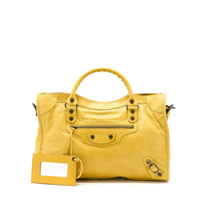 BALENCIAGA CLASSIC CITY BAG LAMBSKIN YELLOW WITH BLACK HARDWARE