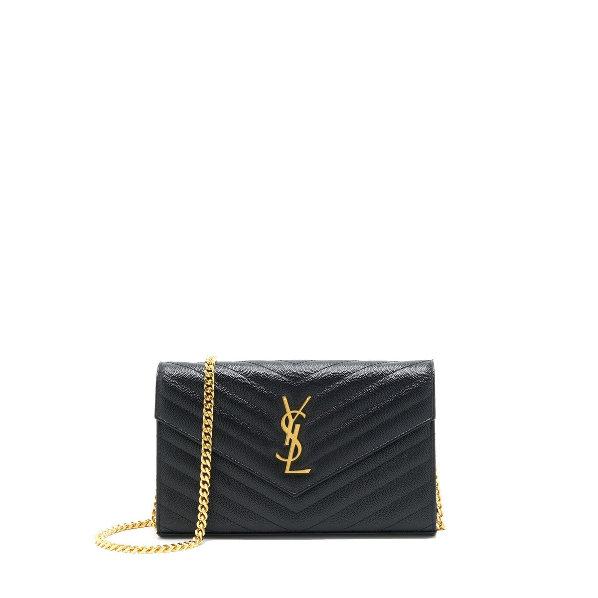 SAINT LAURENT ENVELOPE CHAIN CROSSBODY BAG GRAINED CALFSKIN BLACK GHW