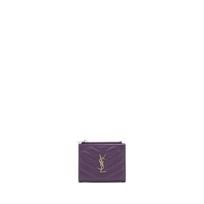 SAINT LAURENT QUILTED MONOGRAM BI-FOLD WALLET DARK PURPLE SHW