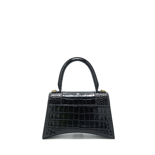 BALENCIAGA HOURGLASS S CROC EMBOSSED LEATHER HANDBAG BLACK GHW