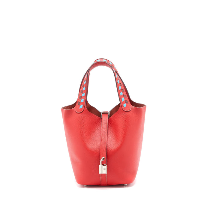 HERMES PICOTIN 18 LOCK BAG EPSOM RED WITH MULTI COLOUR HANDLE SHW