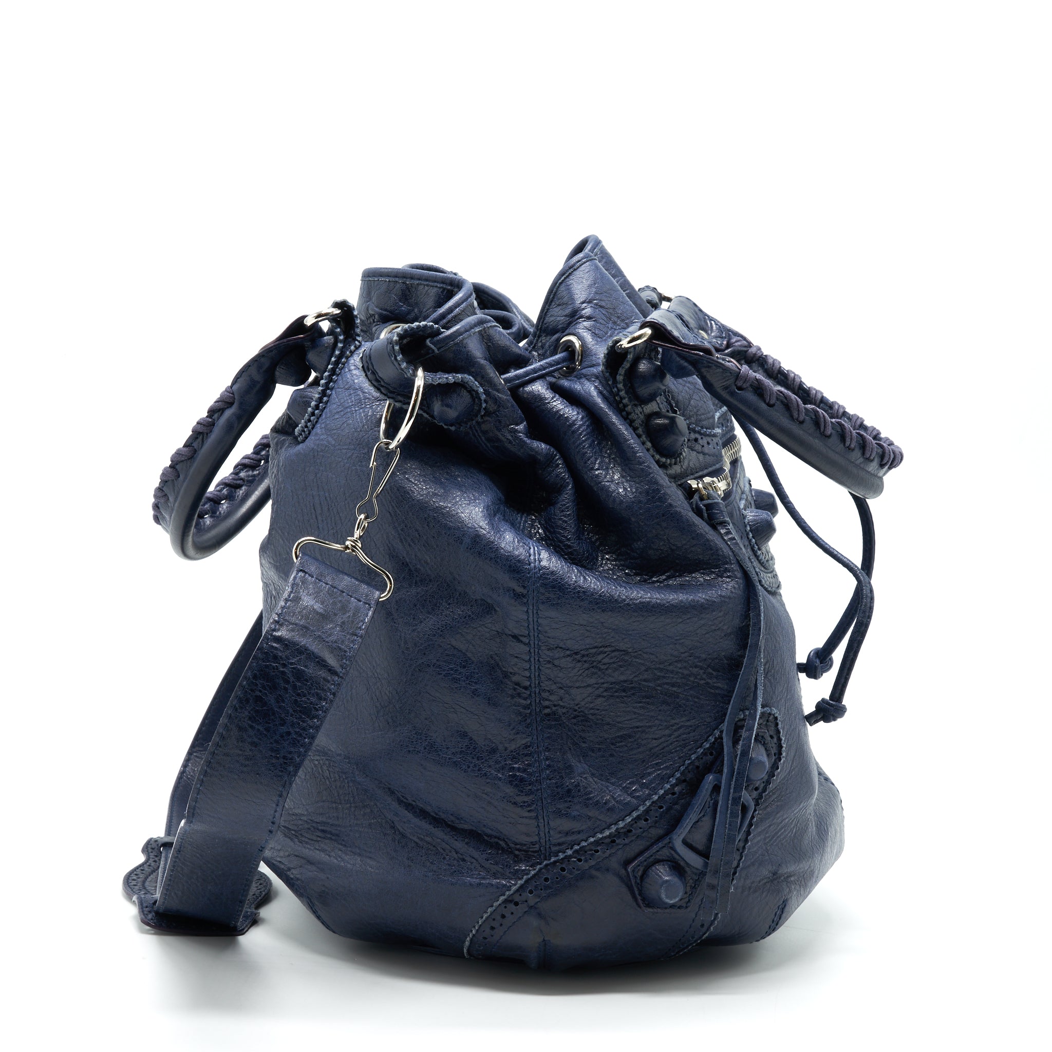 BALENCIAGA GIANT POMPON BUCKET BAG NAVY